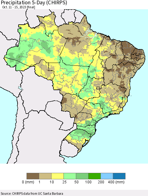 Brazil Precipitation 5-Day (CHIRPS) Thematic Map For 10/11/2023 - 10/15/2023