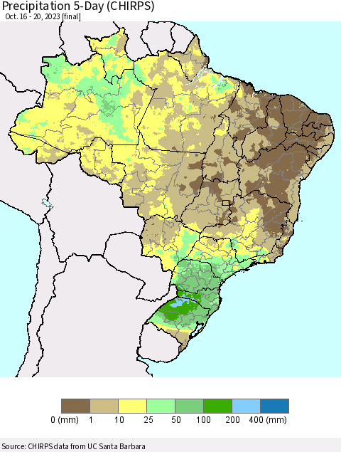 Brazil Precipitation 5-Day (CHIRPS) Thematic Map For 10/16/2023 - 10/20/2023