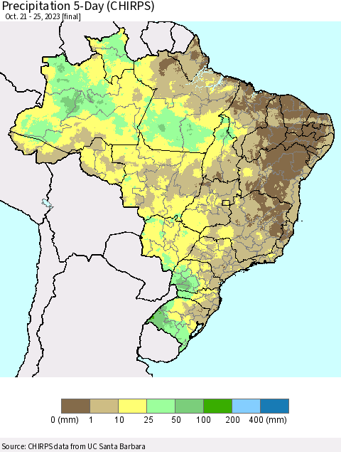 Brazil Precipitation 5-Day (CHIRPS) Thematic Map For 10/21/2023 - 10/25/2023