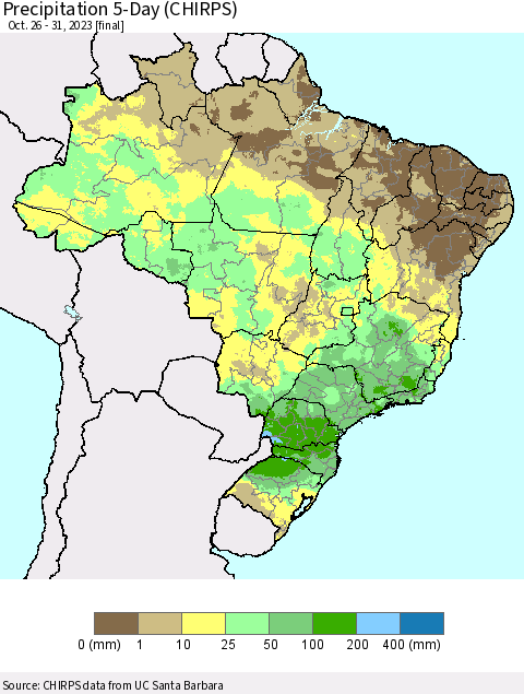 Brazil Precipitation 5-Day (CHIRPS) Thematic Map For 10/26/2023 - 10/31/2023