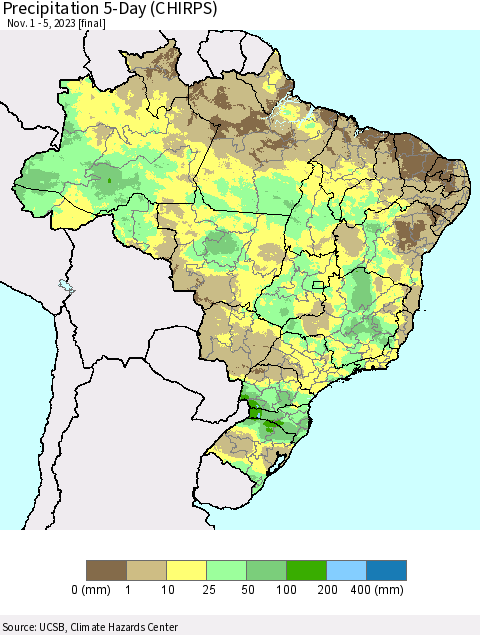 Brazil Precipitation 5-Day (CHIRPS) Thematic Map For 11/1/2023 - 11/5/2023