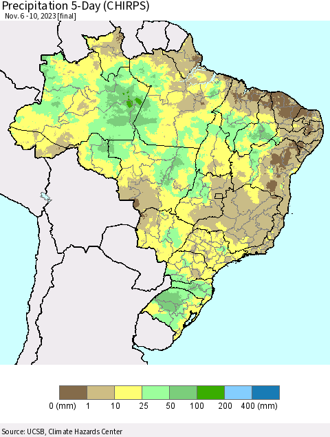 Brazil Precipitation 5-Day (CHIRPS) Thematic Map For 11/6/2023 - 11/10/2023