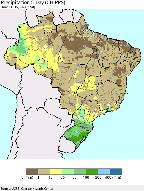 Brazil Precipitation 5-Day (CHIRPS) Thematic Map For 11/11/2023 - 11/15/2023