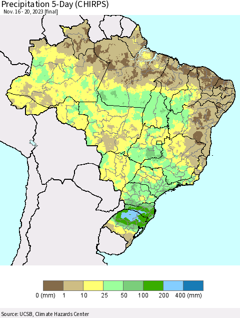 Brazil Precipitation 5-Day (CHIRPS) Thematic Map For 11/16/2023 - 11/20/2023