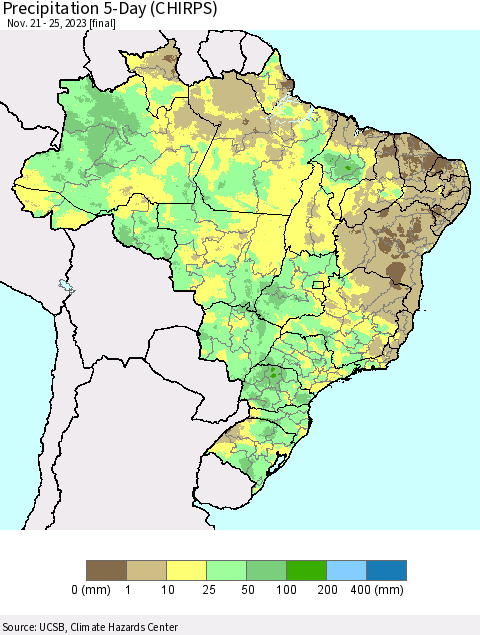Brazil Precipitation 5-Day (CHIRPS) Thematic Map For 11/21/2023 - 11/25/2023