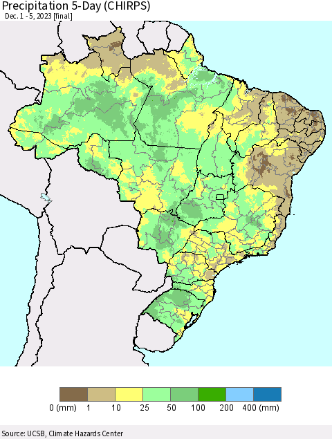 Brazil Precipitation 5-Day (CHIRPS) Thematic Map For 12/1/2023 - 12/5/2023