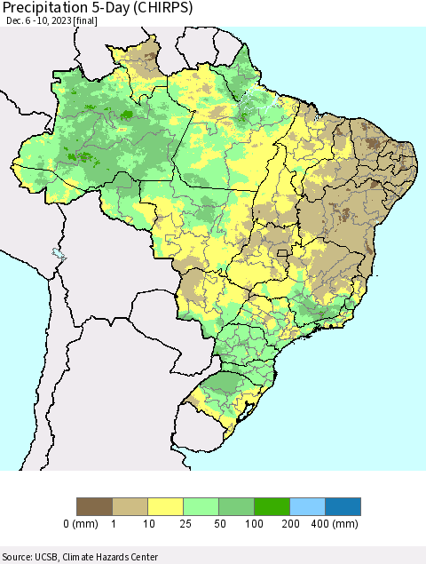 Brazil Precipitation 5-Day (CHIRPS) Thematic Map For 12/6/2023 - 12/10/2023