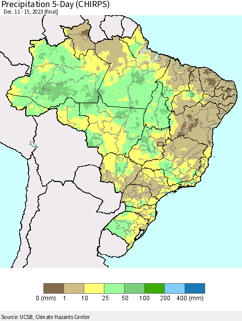 Brazil Precipitation 5-Day (CHIRPS) Thematic Map For 12/11/2023 - 12/15/2023