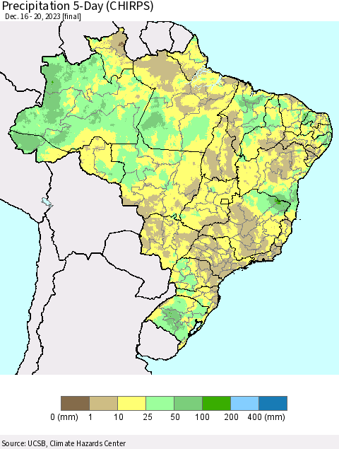 Brazil Precipitation 5-Day (CHIRPS) Thematic Map For 12/16/2023 - 12/20/2023