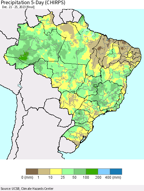Brazil Precipitation 5-Day (CHIRPS) Thematic Map For 12/21/2023 - 12/25/2023