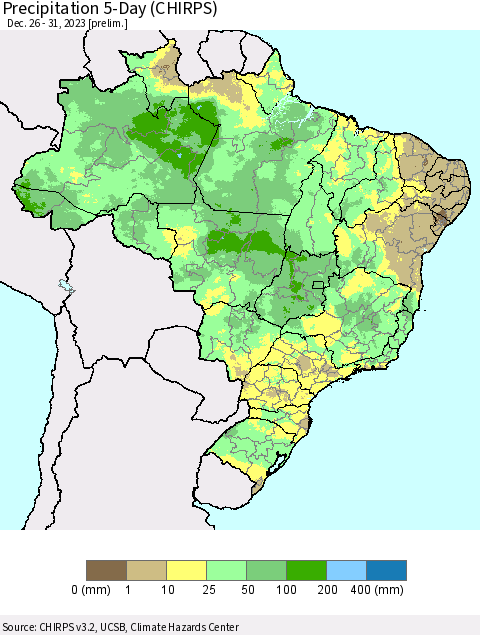 Brazil Precipitation 5-Day (CHIRPS) Thematic Map For 12/26/2023 - 12/31/2023