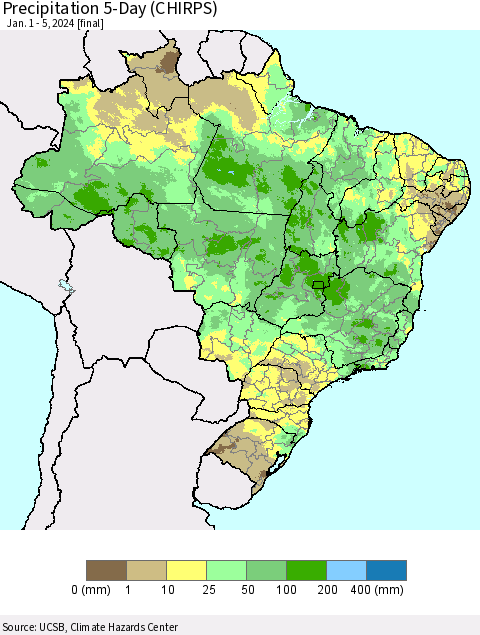 Brazil Precipitation 5-Day (CHIRPS) Thematic Map For 1/1/2024 - 1/5/2024