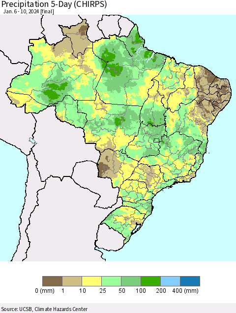 Brazil Precipitation 5-Day (CHIRPS) Thematic Map For 1/6/2024 - 1/10/2024