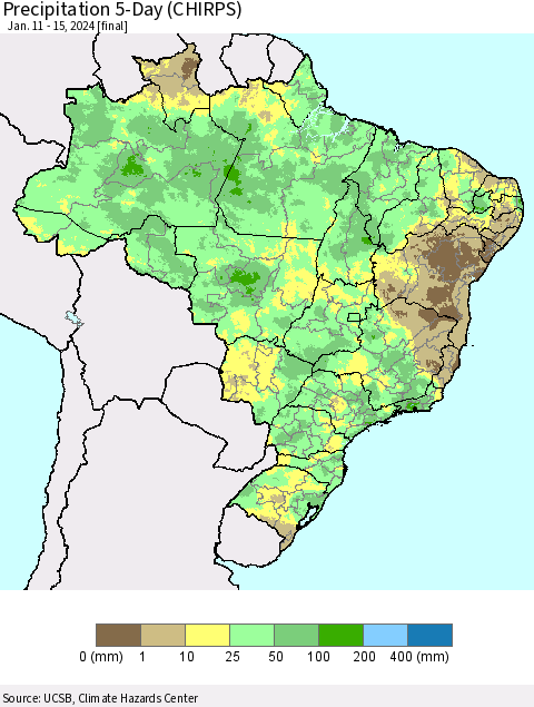 Brazil Precipitation 5-Day (CHIRPS) Thematic Map For 1/11/2024 - 1/15/2024