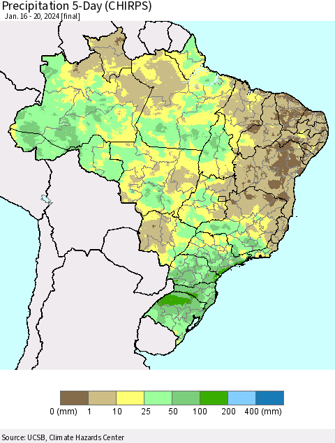 Brazil Precipitation 5-Day (CHIRPS) Thematic Map For 1/16/2024 - 1/20/2024