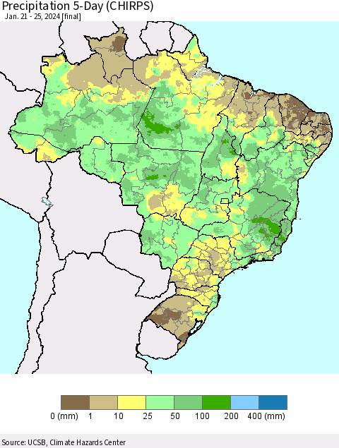 Brazil Precipitation 5-Day (CHIRPS) Thematic Map For 1/21/2024 - 1/25/2024