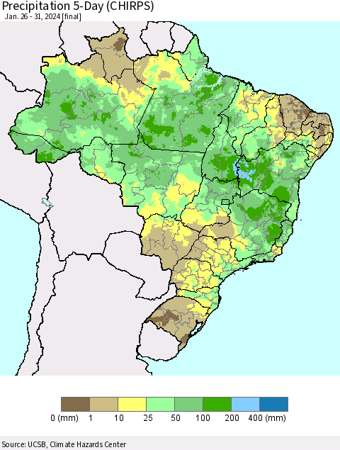 Brazil Precipitation 5-Day (CHIRPS) Thematic Map For 1/26/2024 - 1/31/2024