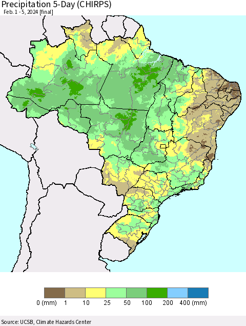 Brazil Precipitation 5-Day (CHIRPS) Thematic Map For 2/1/2024 - 2/5/2024