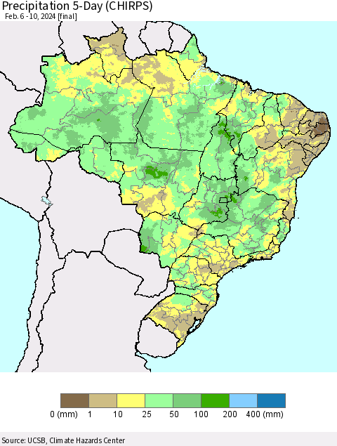 Brazil Precipitation 5-Day (CHIRPS) Thematic Map For 2/6/2024 - 2/10/2024