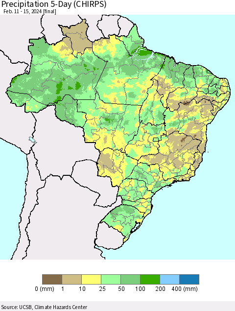 Brazil Precipitation 5-Day (CHIRPS) Thematic Map For 2/11/2024 - 2/15/2024