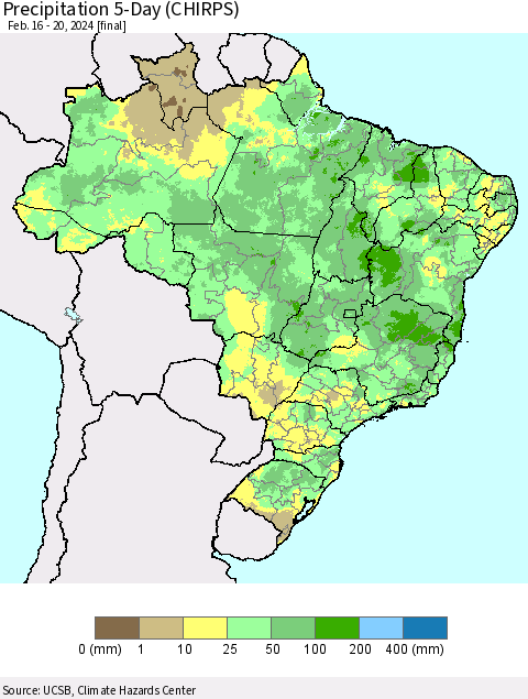 Brazil Precipitation 5-Day (CHIRPS) Thematic Map For 2/16/2024 - 2/20/2024