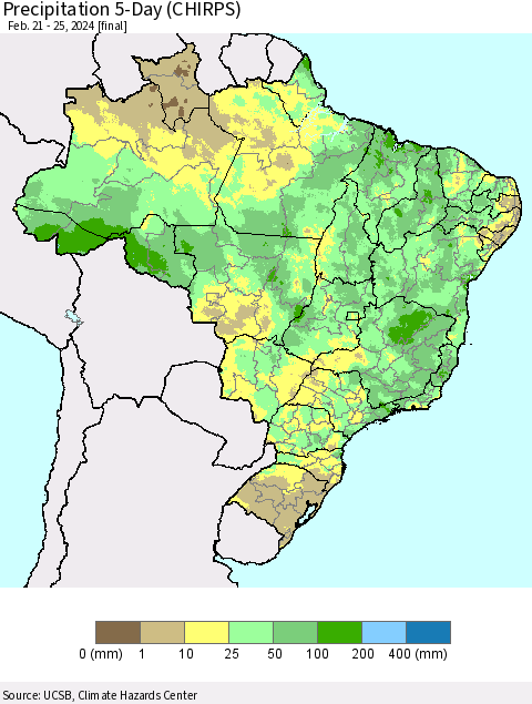 Brazil Precipitation 5-Day (CHIRPS) Thematic Map For 2/21/2024 - 2/25/2024