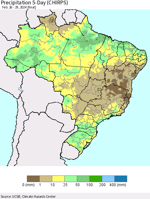 Brazil Precipitation 5-Day (CHIRPS) Thematic Map For 2/26/2024 - 2/29/2024