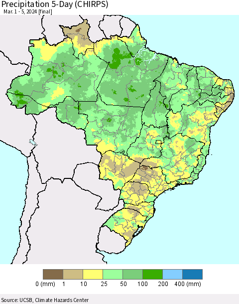 Brazil Precipitation 5-Day (CHIRPS) Thematic Map For 3/1/2024 - 3/5/2024