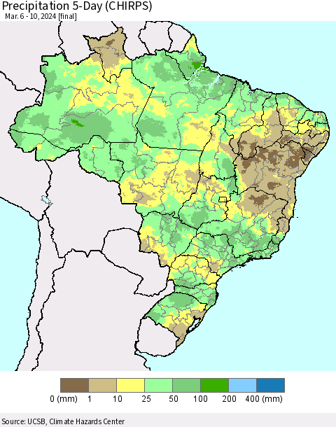 Brazil Precipitation 5-Day (CHIRPS) Thematic Map For 3/6/2024 - 3/10/2024