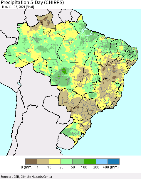 Brazil Precipitation 5-Day (CHIRPS) Thematic Map For 3/11/2024 - 3/15/2024
