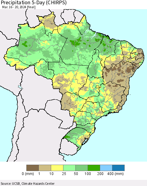 Brazil Precipitation 5-Day (CHIRPS) Thematic Map For 3/16/2024 - 3/20/2024
