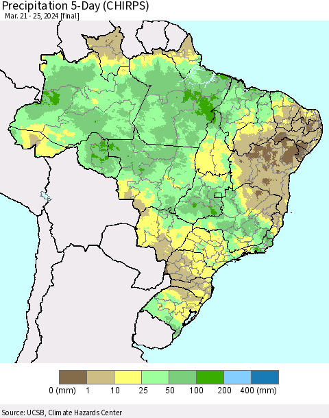 Brazil Precipitation 5-Day (CHIRPS) Thematic Map For 3/21/2024 - 3/25/2024