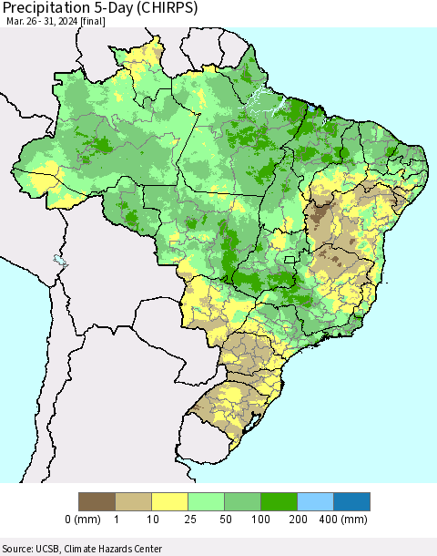 Brazil Precipitation 5-Day (CHIRPS) Thematic Map For 3/26/2024 - 3/31/2024