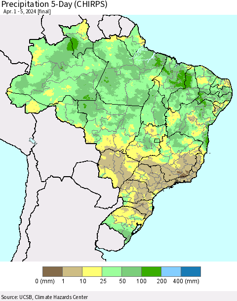 Brazil Precipitation 5-Day (CHIRPS) Thematic Map For 4/1/2024 - 4/5/2024