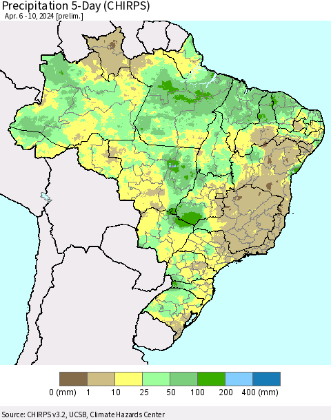 Brazil Precipitation 5-Day (CHIRPS) Thematic Map For 4/6/2024 - 4/10/2024