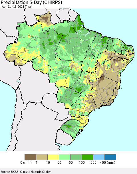 Brazil Precipitation 5-Day (CHIRPS) Thematic Map For 4/11/2024 - 4/15/2024