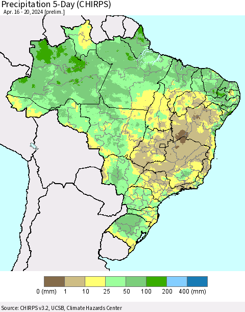Brazil Precipitation 5-Day (CHIRPS) Thematic Map For 4/16/2024 - 4/20/2024