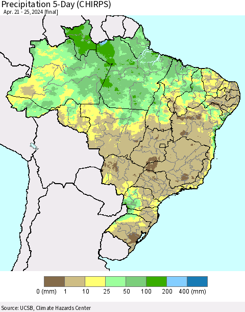 Brazil Precipitation 5-Day (CHIRPS) Thematic Map For 4/21/2024 - 4/25/2024