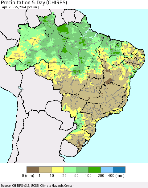 Brazil Precipitation 5-Day (CHIRPS) Thematic Map For 4/21/2024 - 4/25/2024