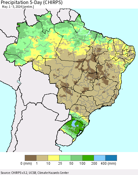 Brazil Precipitation 5-Day (CHIRPS) Thematic Map For 5/1/2024 - 5/5/2024