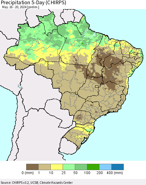 Brazil Precipitation 5-Day (CHIRPS) Thematic Map For 5/16/2024 - 5/20/2024