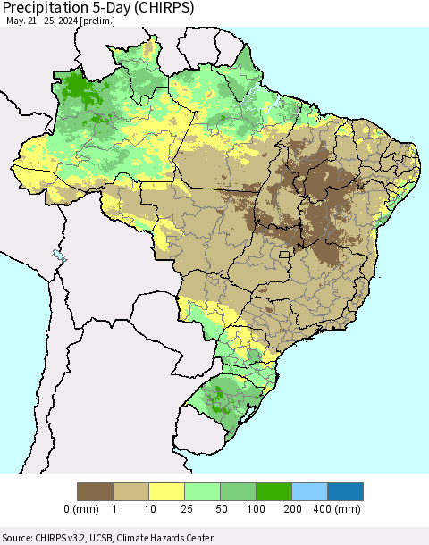 Brazil Precipitation 5-Day (CHIRPS) Thematic Map For 5/21/2024 - 5/25/2024