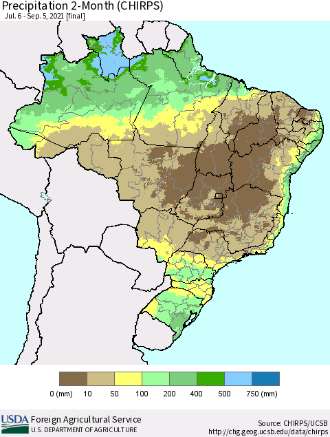 Brazil Precipitation 2-Month (CHIRPS) Thematic Map For 7/6/2021 - 9/5/2021