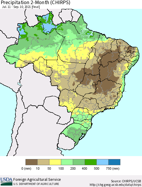 Brazil Precipitation 2-Month (CHIRPS) Thematic Map For 7/11/2021 - 9/10/2021