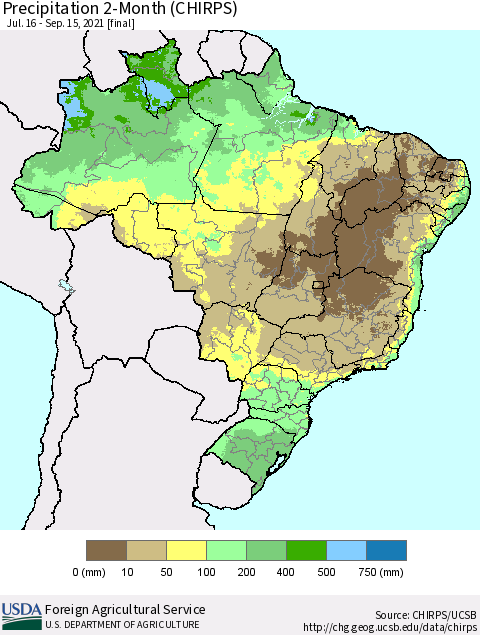 Brazil Precipitation 2-Month (CHIRPS) Thematic Map For 7/16/2021 - 9/15/2021