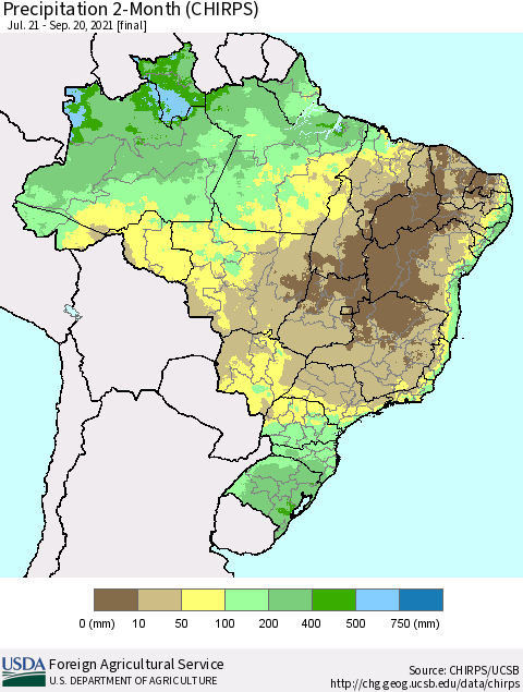 Brazil Precipitation 2-Month (CHIRPS) Thematic Map For 7/21/2021 - 9/20/2021