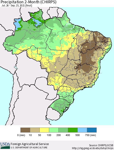 Brazil Precipitation 2-Month (CHIRPS) Thematic Map For 7/26/2021 - 9/25/2021
