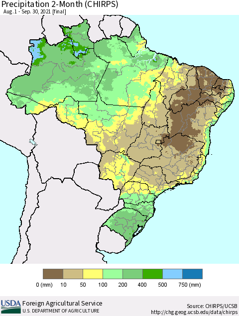 Brazil Precipitation 2-Month (CHIRPS) Thematic Map For 8/1/2021 - 9/30/2021