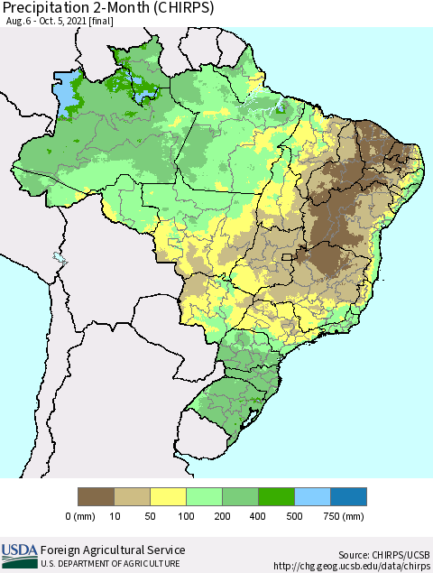 Brazil Precipitation 2-Month (CHIRPS) Thematic Map For 8/6/2021 - 10/5/2021