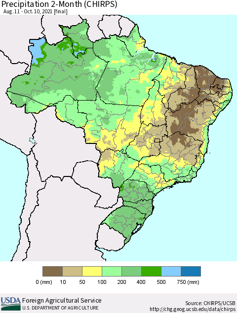 Brazil Precipitation 2-Month (CHIRPS) Thematic Map For 8/11/2021 - 10/10/2021